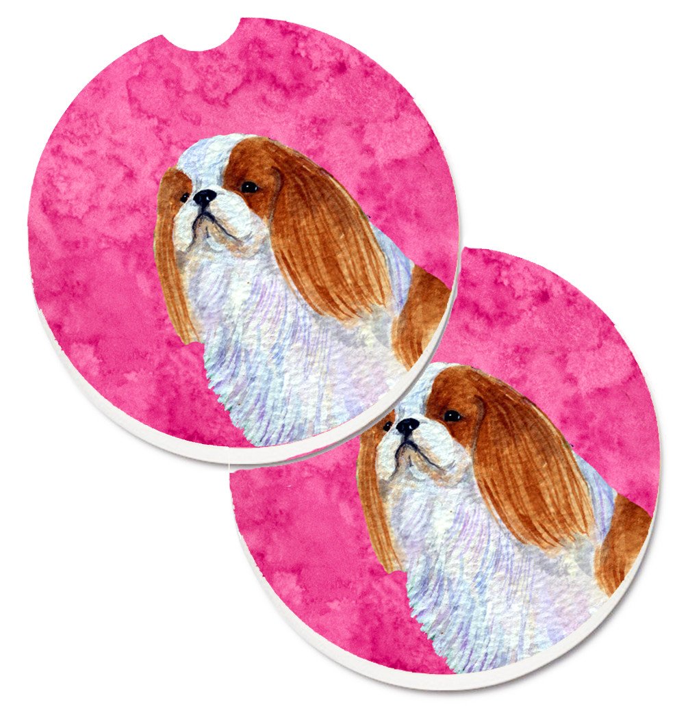 Pink English Toy Spaniel Set of 2 Cup Holder Car Coasters SS4783-PKCARC by Caroline&#39;s Treasures