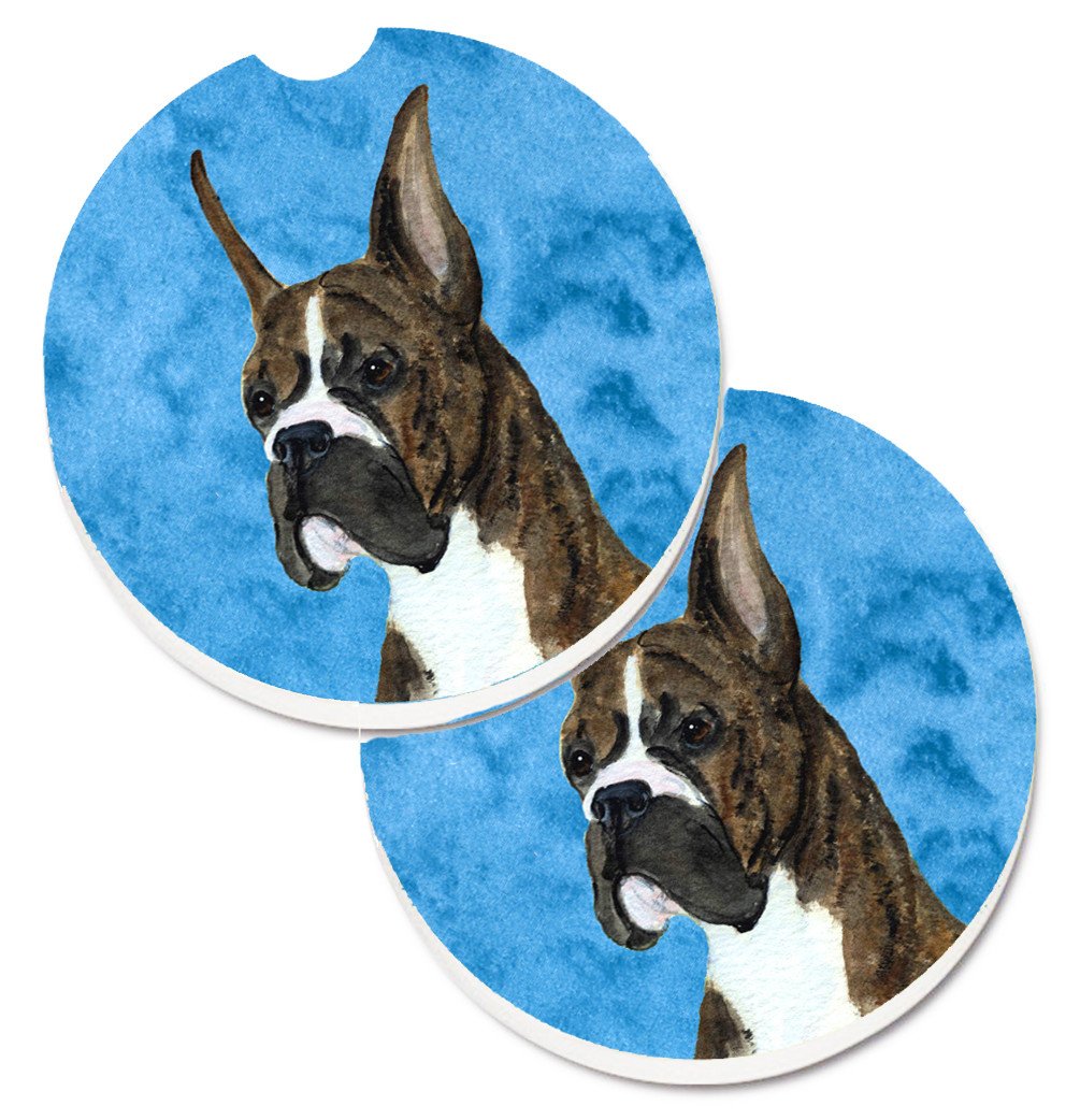 Blue Brindle Cropped Eared Boxer Set of 2 Cup Holder Car Coasters SS4784-BUCARC by Caroline&#39;s Treasures