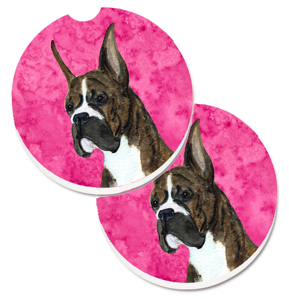 Pink Brindle Cropped Eared Boxer Set of 2 Cup Holder Car Coasters SS4784-PKCARC by Caroline&#39;s Treasures