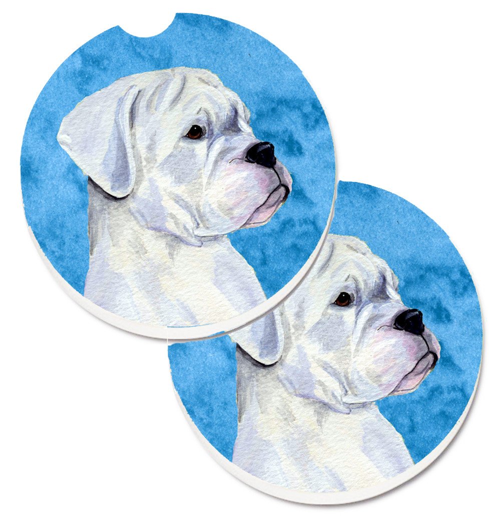 Blue White Natural Eared Boxer Set of 2 Cup Holder Car Coasters SS4785-BUCARC by Caroline&#39;s Treasures