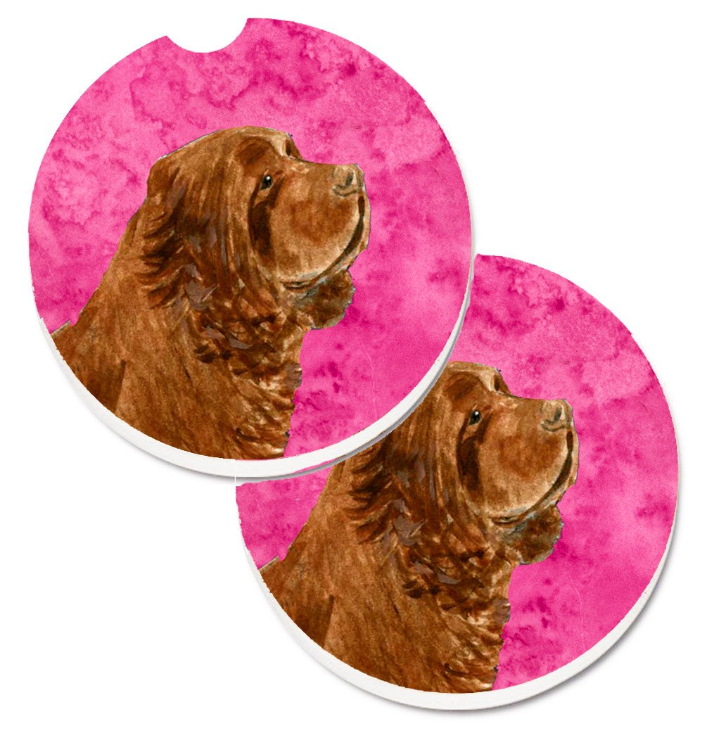 Pink Sussex Spaniel Set of 2 Cup Holder Car Coasters SS4786-PKCARC by Caroline&#39;s Treasures