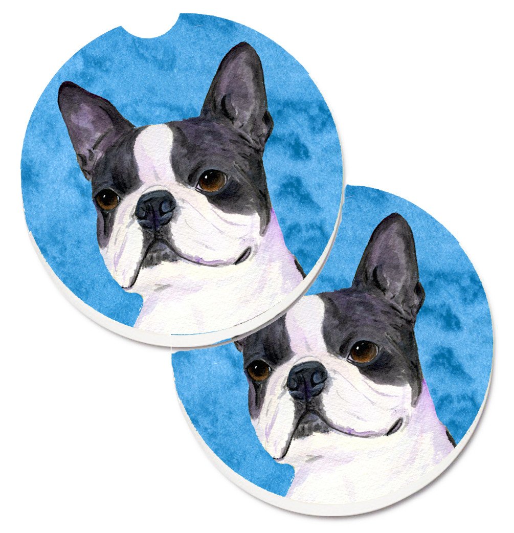 Blue Boston Terrier Set of 2 Cup Holder Car Coasters SS4792-BUCARC by Caroline&#39;s Treasures
