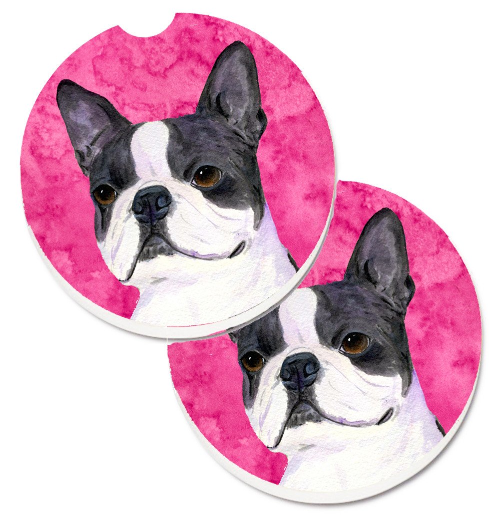 Pink Boston Terrier Set of 2 Cup Holder Car Coasters SS4792-PKCARC by Caroline&#39;s Treasures