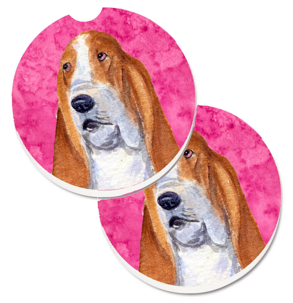 Pink Basset Hound Set of 2 Cup Holder Car Coasters SS4804-PKCARC by Caroline&#39;s Treasures