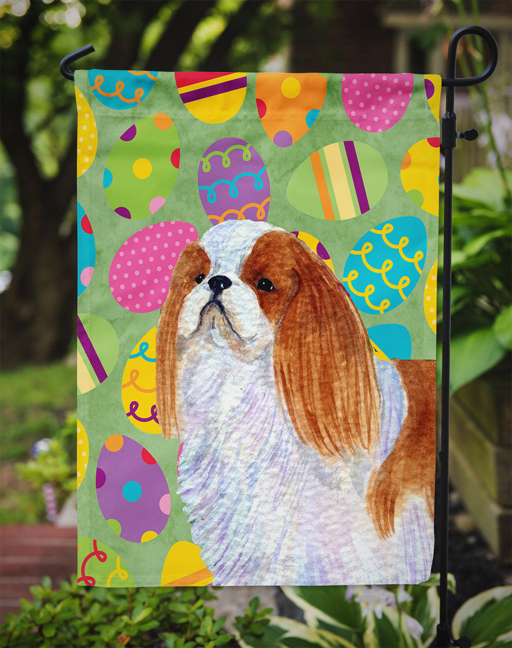 English Toy Spaniel Easter Eggtravaganza Flag Garden Size  the-store.com.