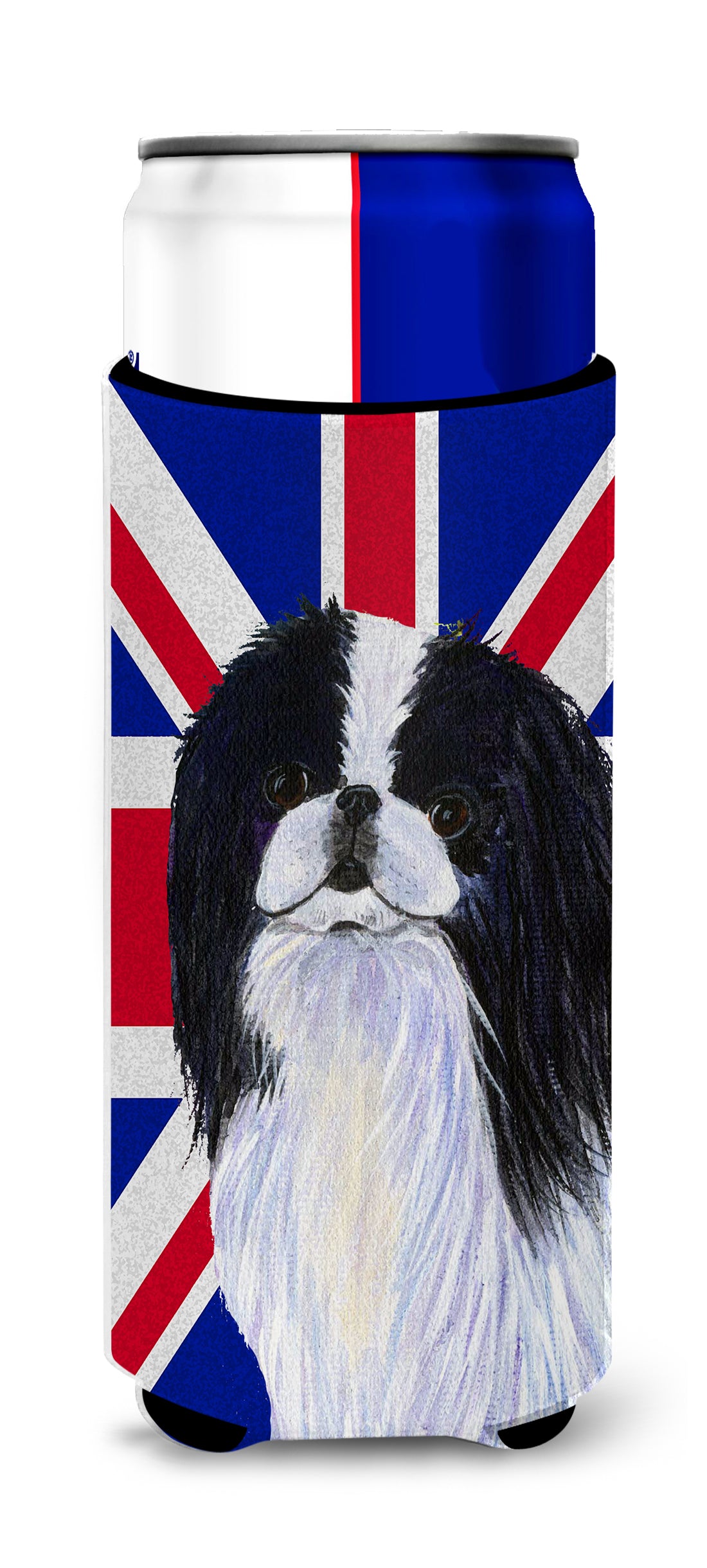 Japanese Chin with English Union Jack British Flag Ultra Beverage Insulators for slim cans SS4909MUK.