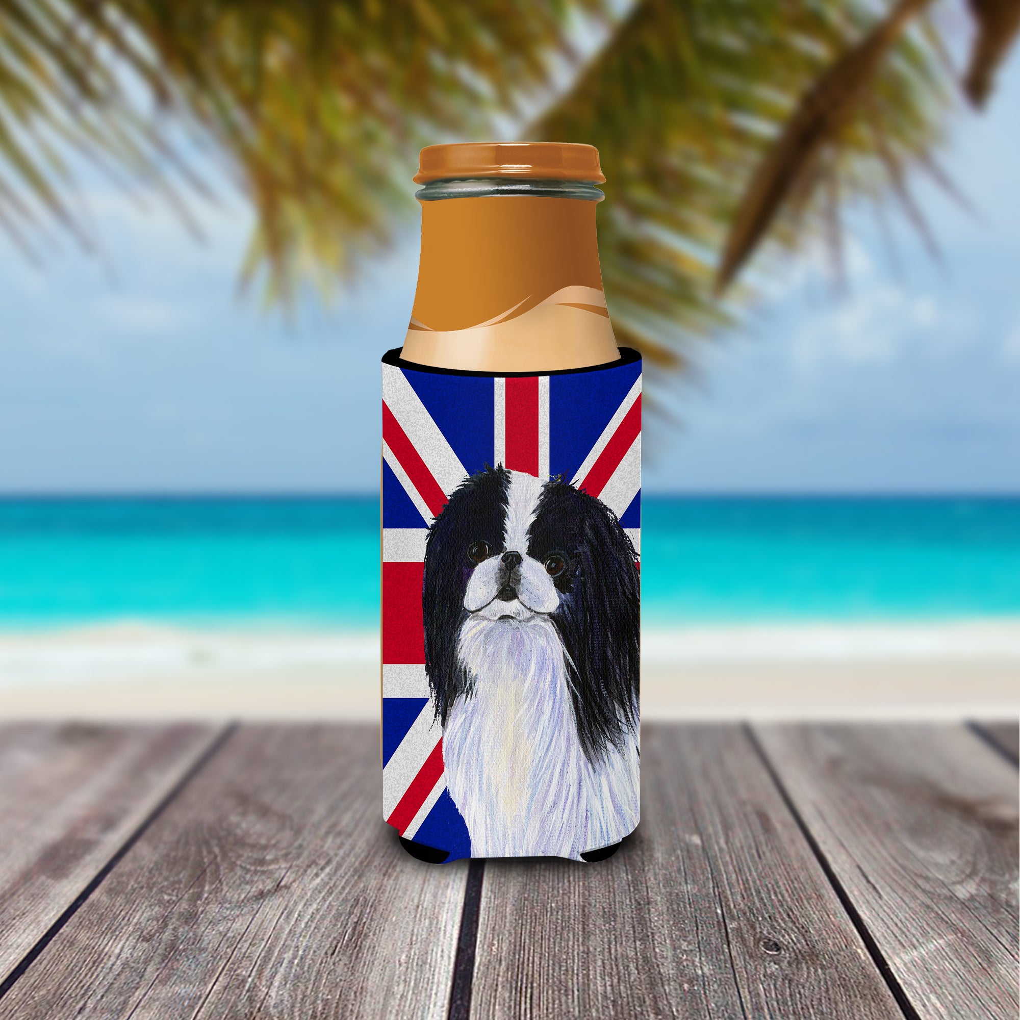 Japanese Chin with English Union Jack British Flag Ultra Beverage Insulators for slim cans SS4909MUK.