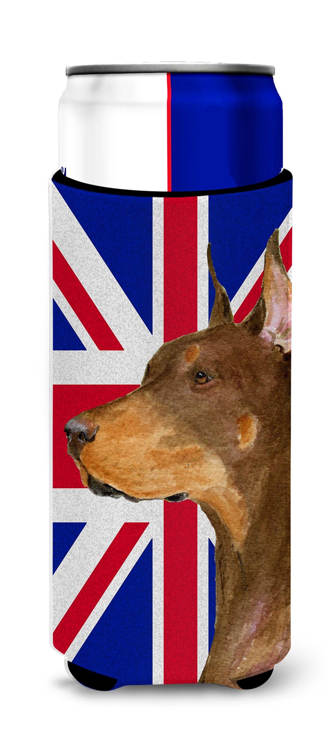 Doberman with English Union Jack British Flag Ultra Beverage Insulators for slim cans SS4910MUK.