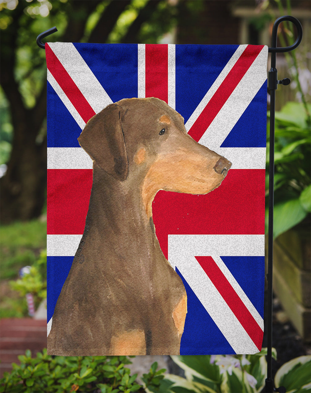 Doberman Natural Ears with English Union Jack British Flag Flag Garden Size