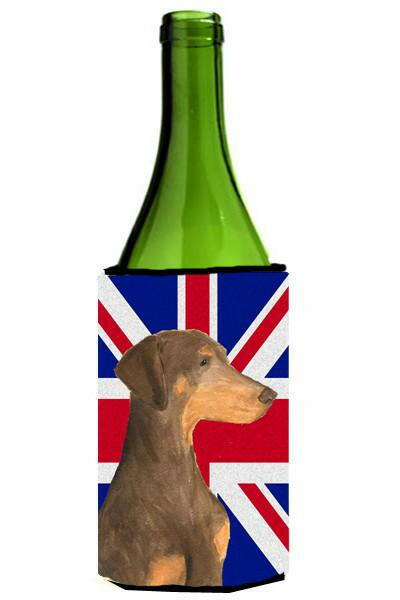 Doberman Natural Ears with English Union Jack British Flag Wine Bottle Beverage Insulator Hugger SS4921LITERK by Caroline&#39;s Treasures