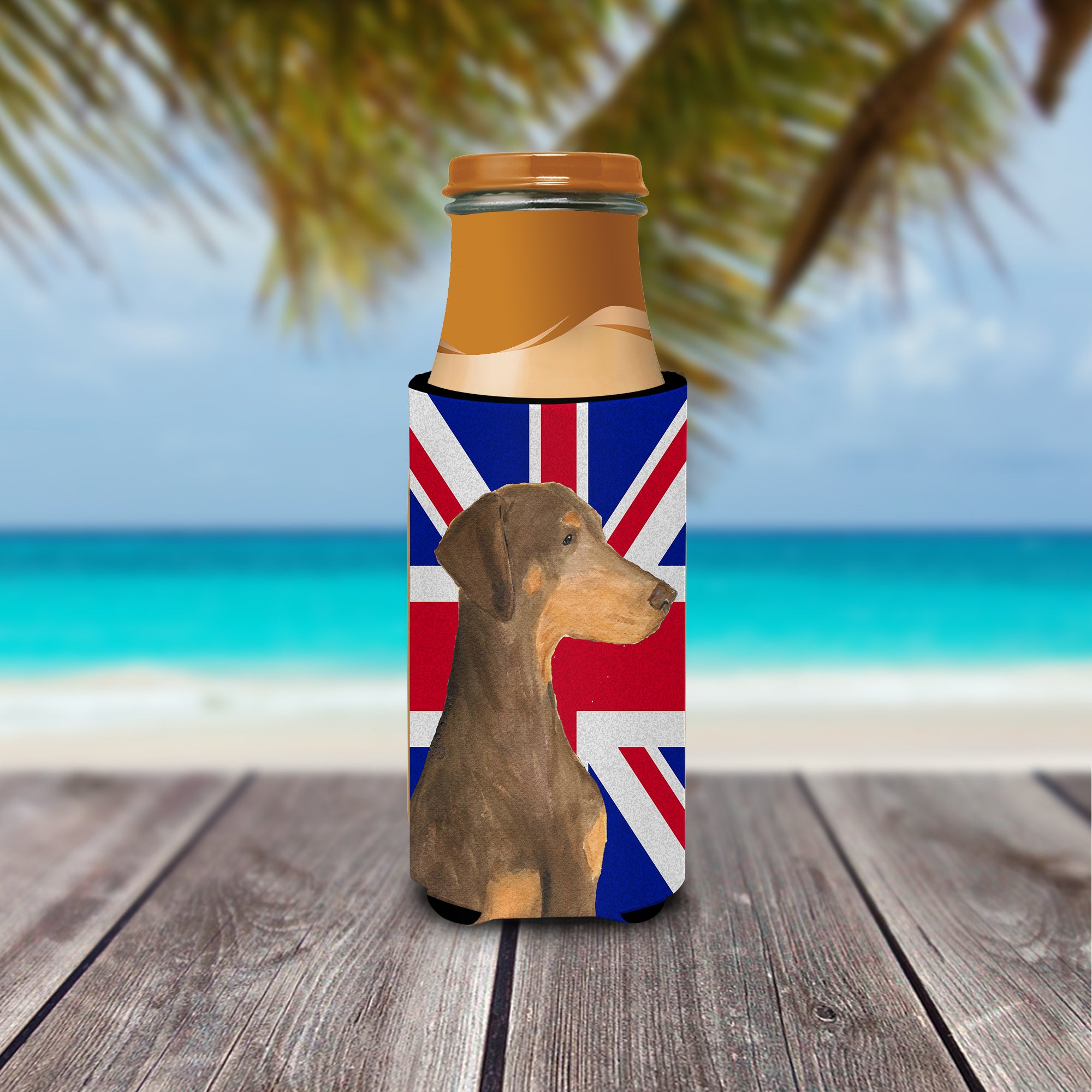 Doberman Natural Ears with English Union Jack British Flag Ultra Beverage Insulators for slim cans SS4921MUK