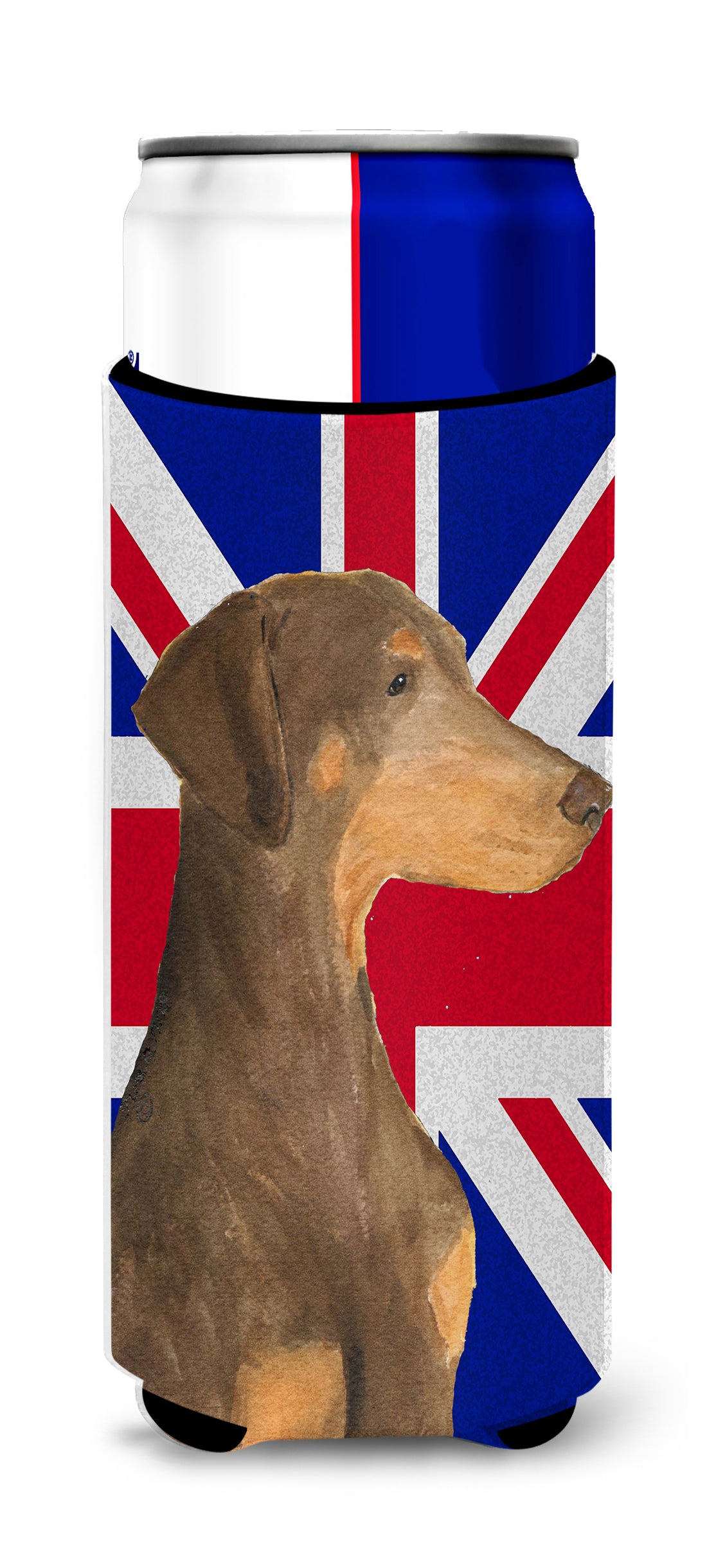 Doberman Natural Ears with English Union Jack British Flag Ultra Beverage Insulators for slim cans SS4921MUK.