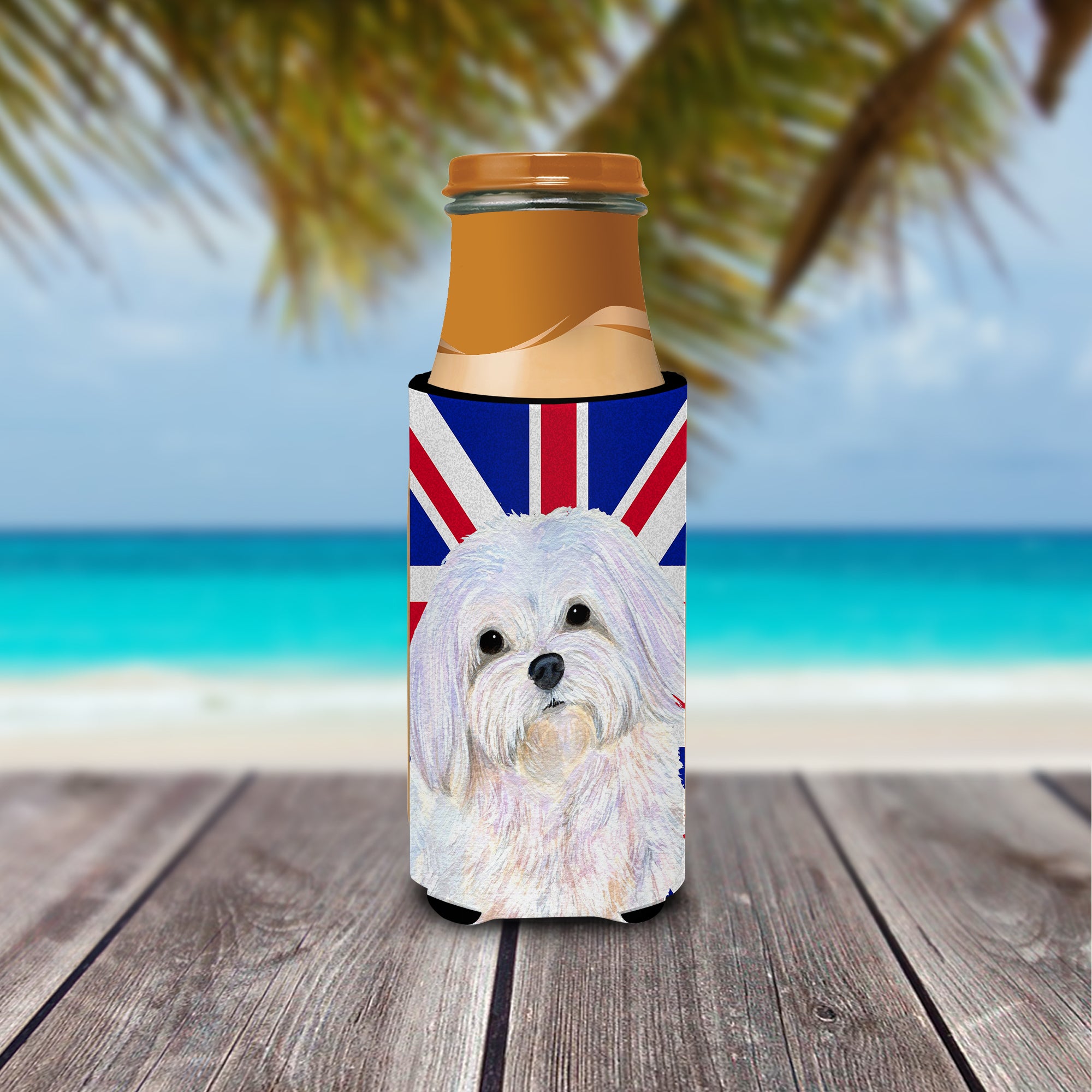 Maltese with English Union Jack British Flag Ultra Beverage Insulators for slim cans SS4924MUK.