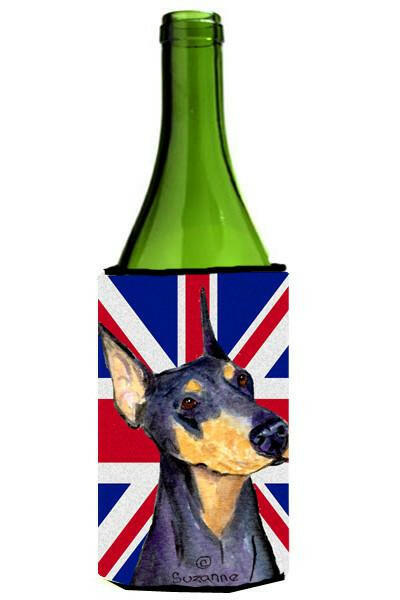 Doberman with English Union Jack British Flag Wine Bottle Beverage Insulator Hugger SS4937LITERK by Caroline&#39;s Treasures