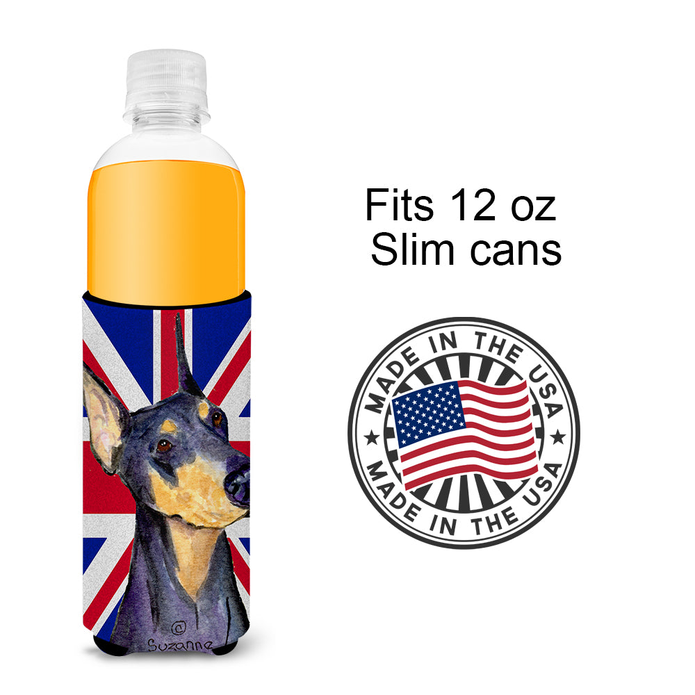Doberman with English Union Jack British Flag Ultra Beverage Insulators for slim cans SS4937MUK.