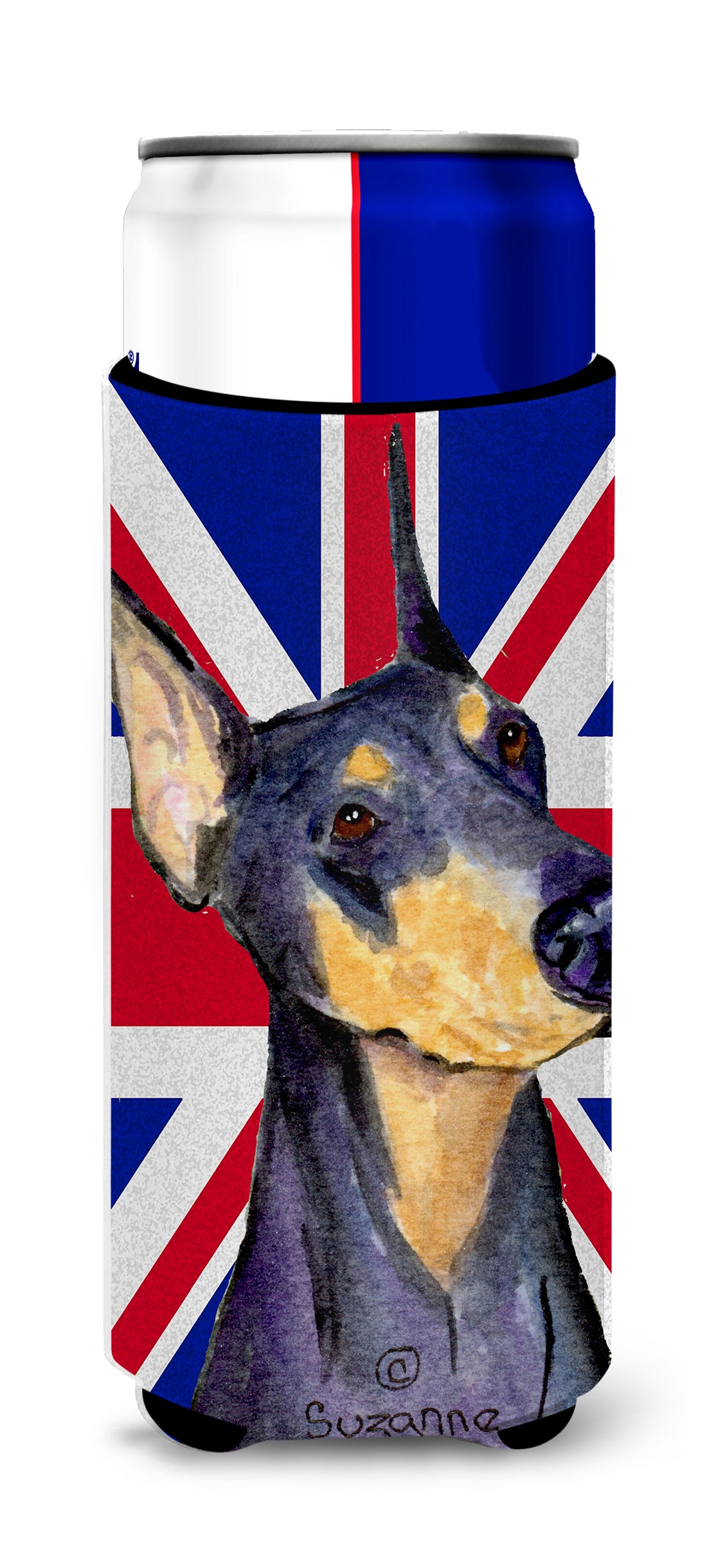 Doberman with English Union Jack British Flag Ultra Beverage Insulators for slim cans SS4937MUK.