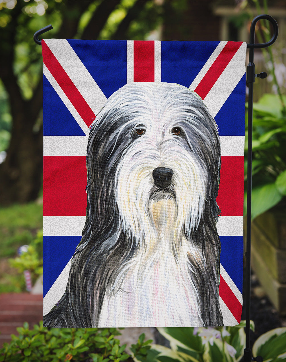 Bearded Collie with English Union Jack British Flag Flag Garden Size  the-store.com.