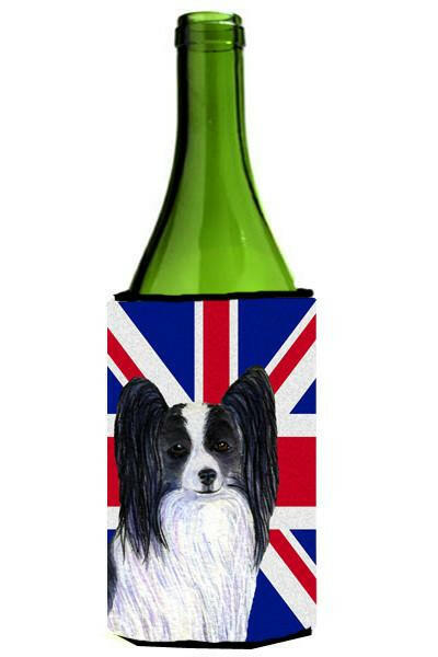 Papillon with English Union Jack British Flag Wine Bottle Beverage Insulator Hugger SS4947LITERK by Caroline&#39;s Treasures