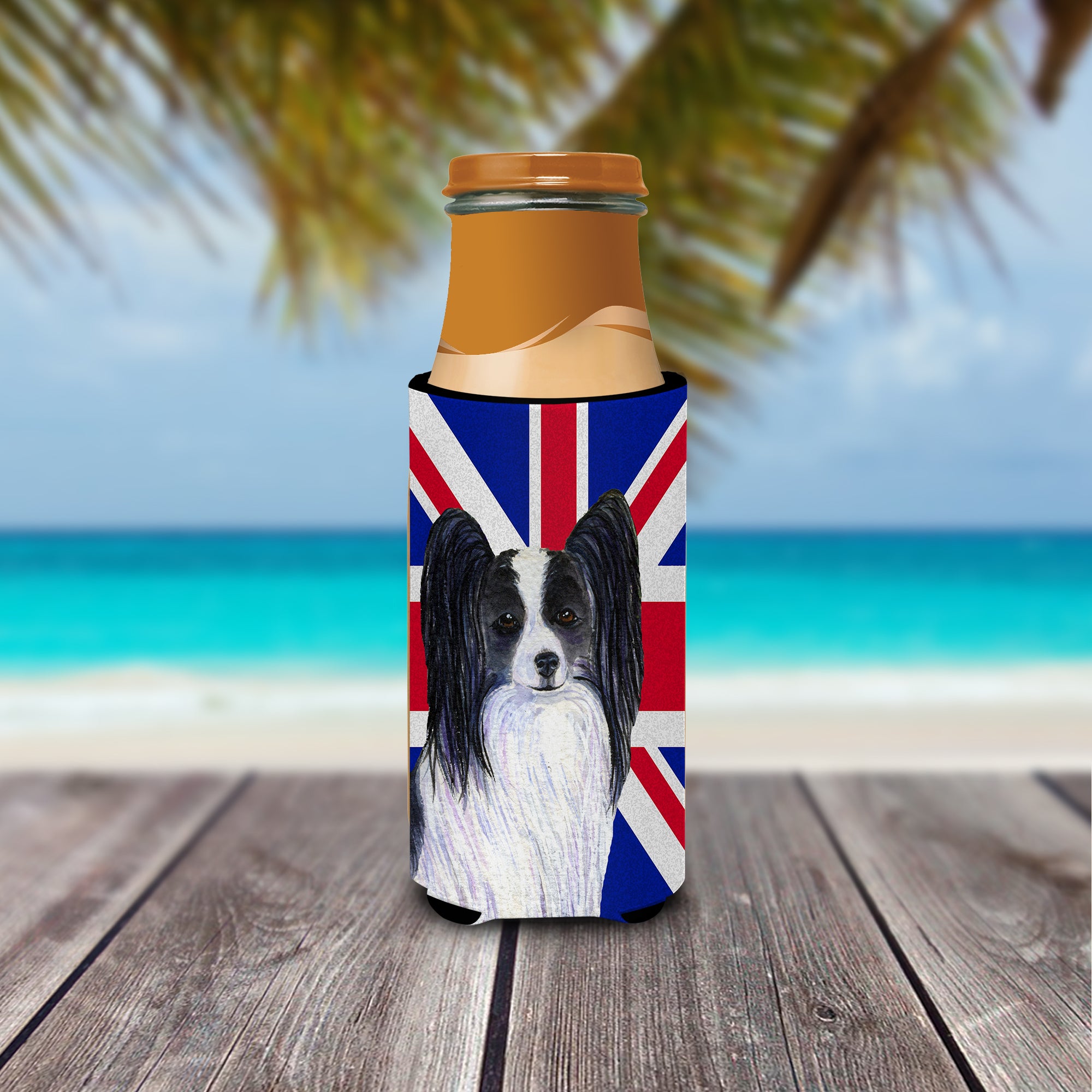 Papillon with English Union Jack British Flag Ultra Beverage Insulators for slim cans SS4947MUK