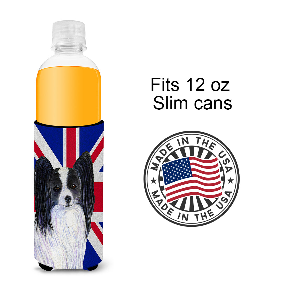 Papillon with English Union Jack British Flag Ultra Beverage Insulators for slim cans SS4947MUK.