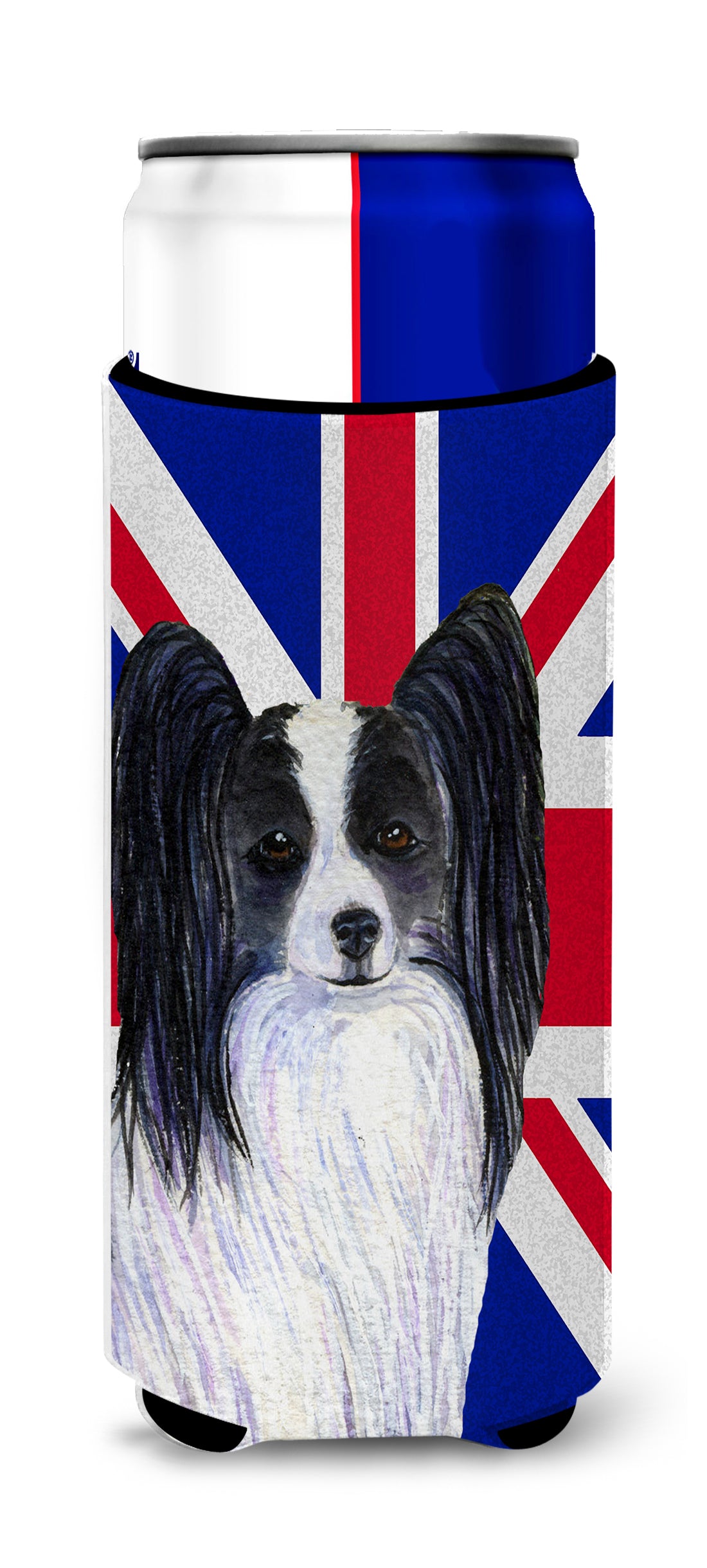 Papillon with English Union Jack British Flag Ultra Beverage Insulators for slim cans SS4947MUK.