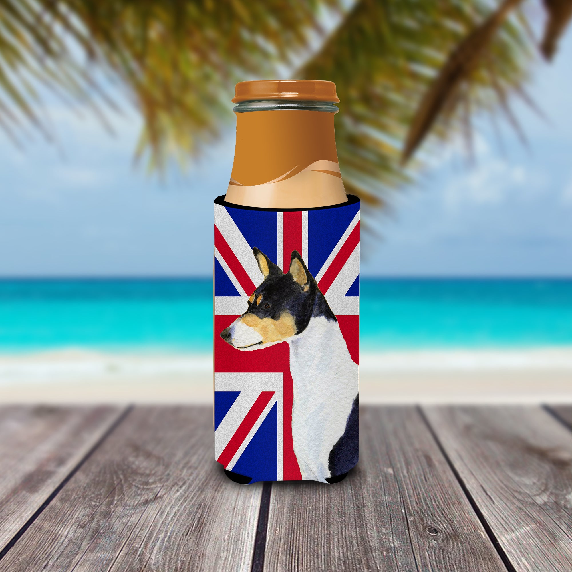 Basenji with English Union Jack British Flag Ultra Beverage Insulators for slim cans SS4956MUK.