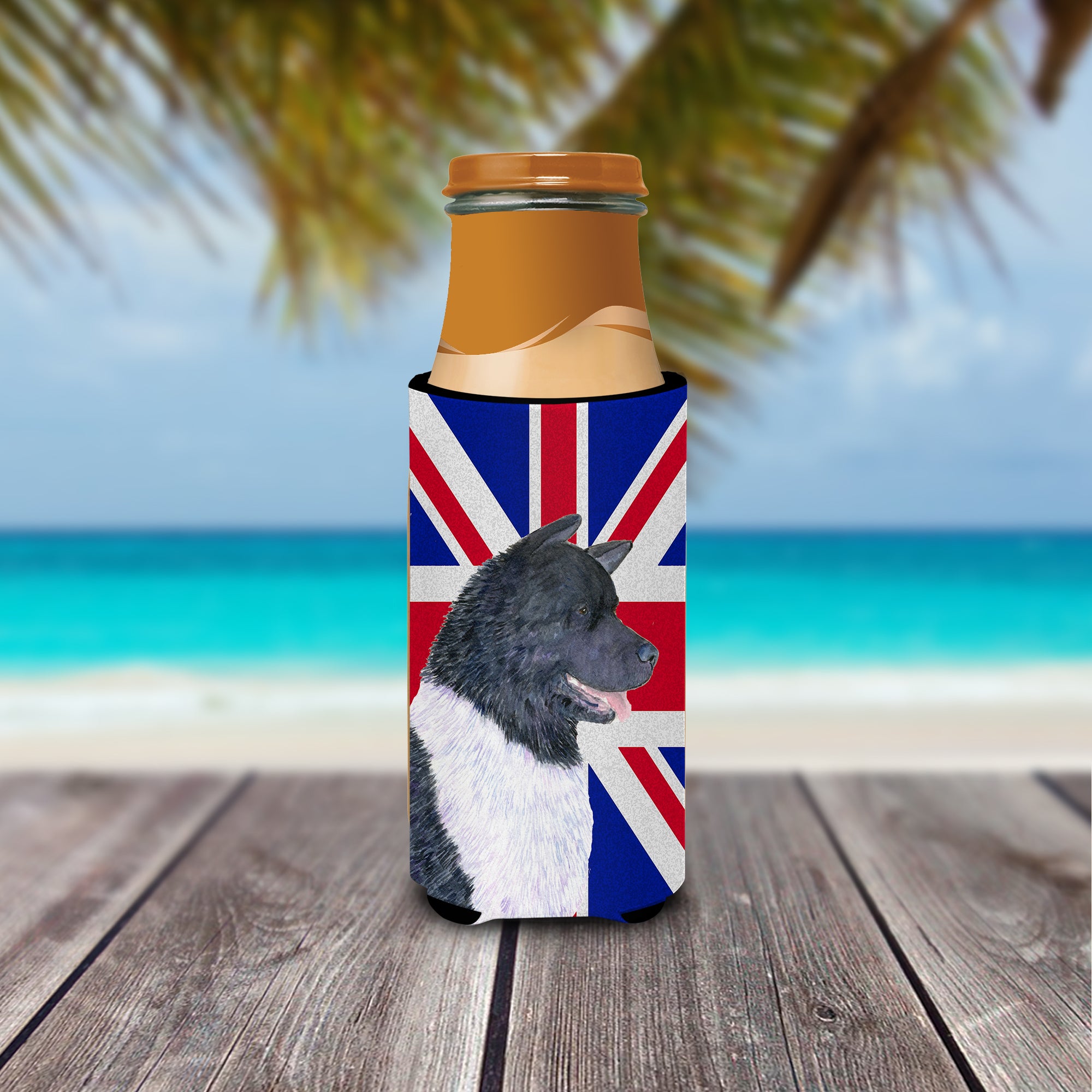 Akita with English Union Jack British Flag Ultra Beverage Insulators for slim cans SS4963MUK.