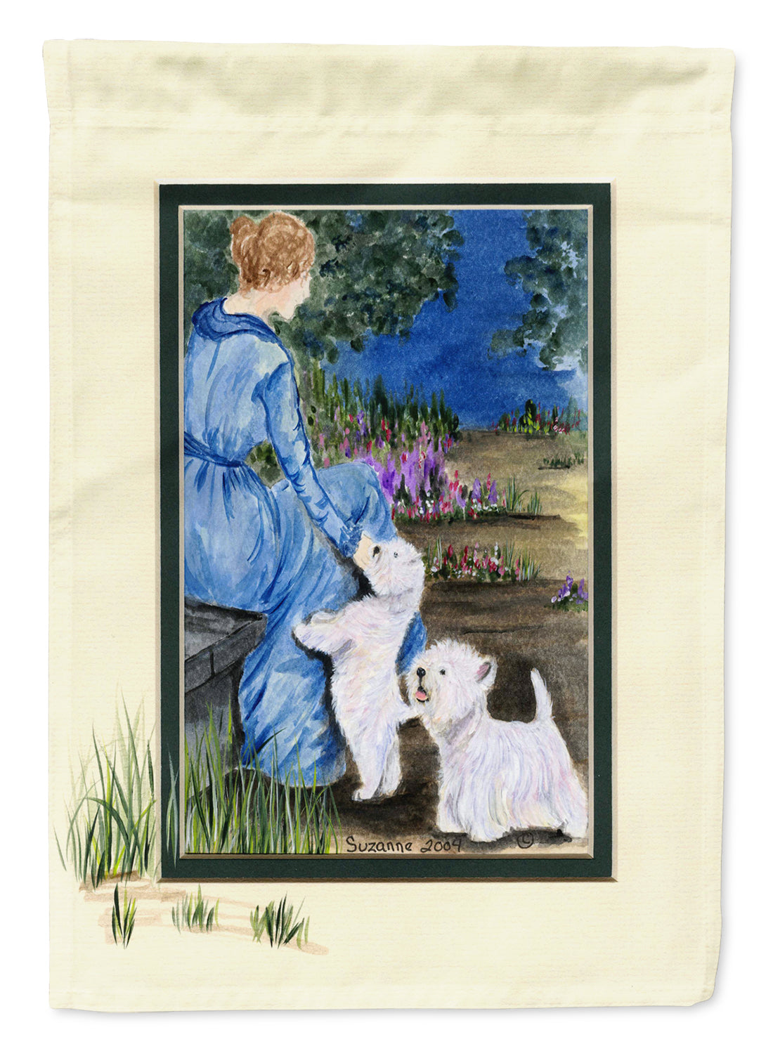 Lady with her  Westie Flag Canvas House Size