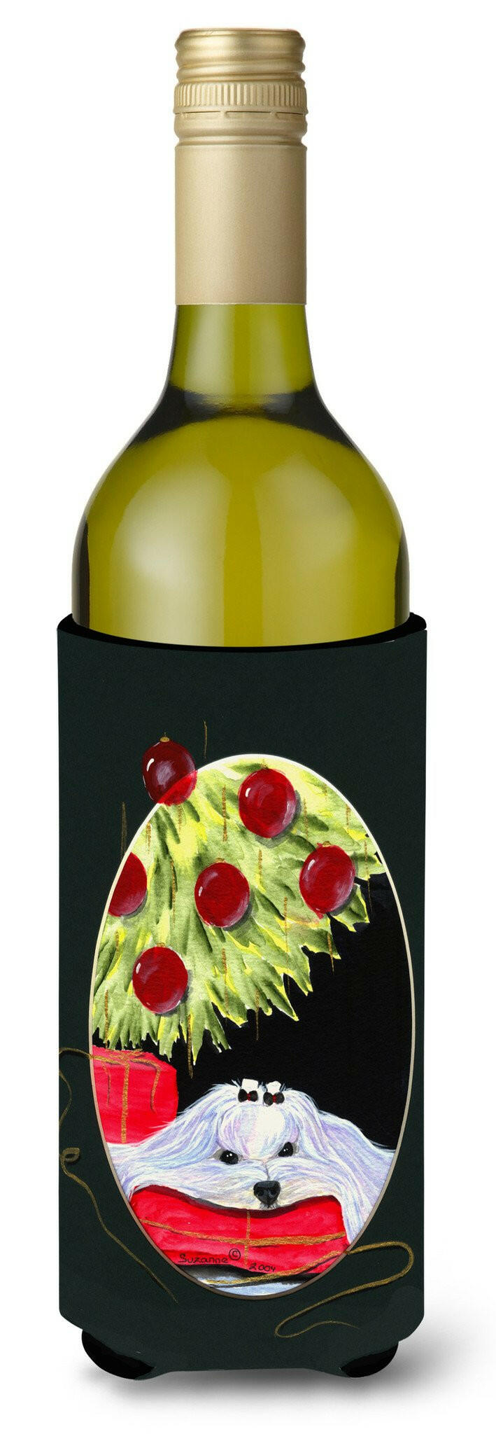 Christmas Tree with Maltese Wine Bottle Beverage Insulator Beverage Insulator Hugger by Caroline&#39;s Treasures