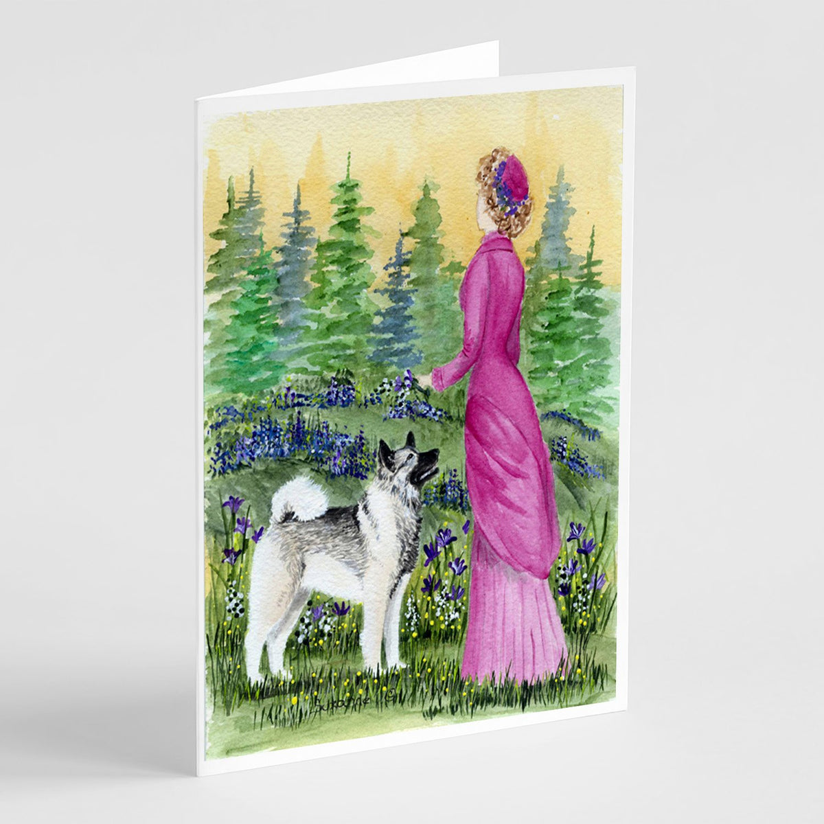 Buy this Lady with her Norwegian Elkhound Greeting Cards and Envelopes Pack of 8