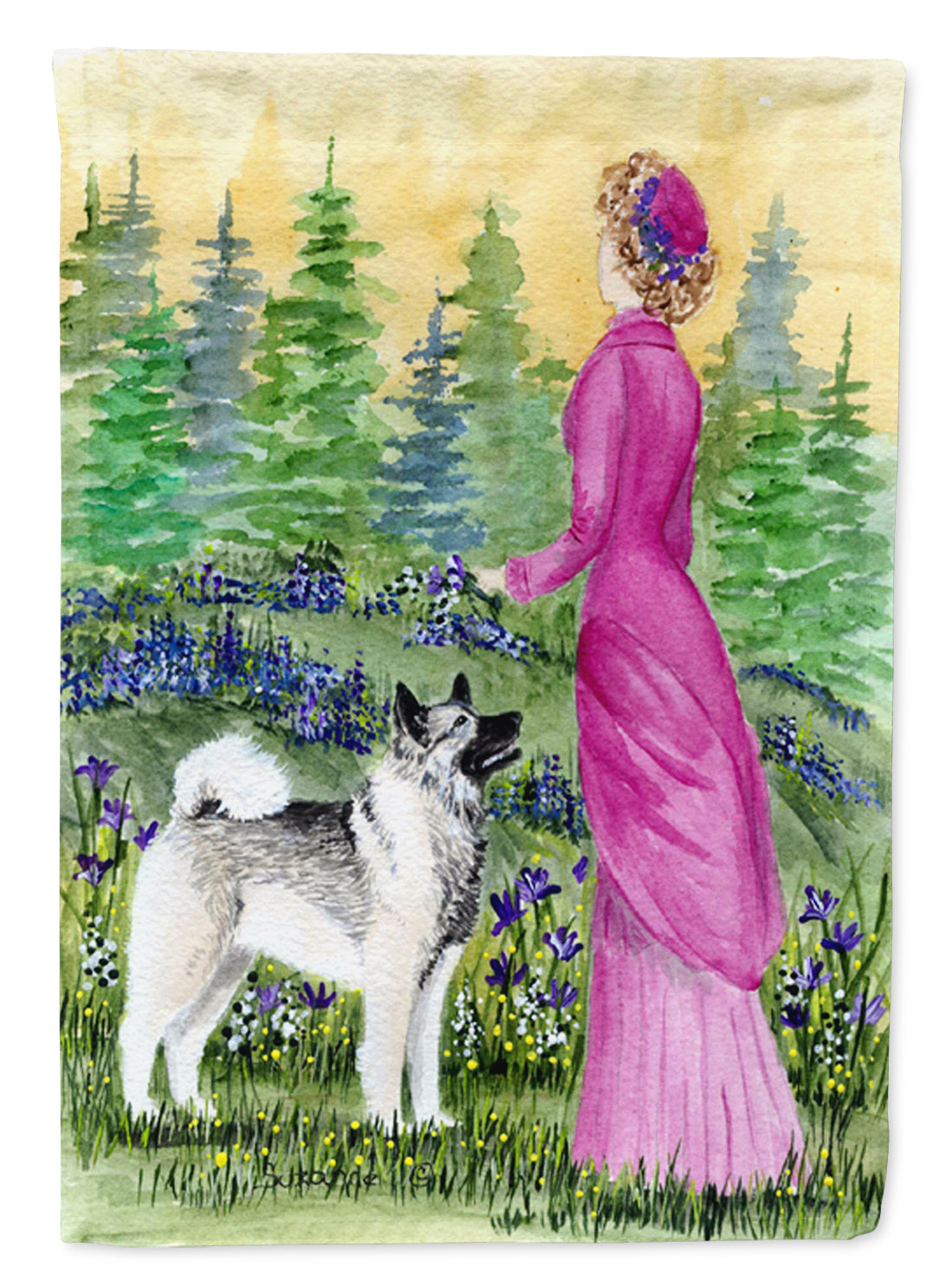 Lady with her Norwegian Elkhound Flag Garden Size.