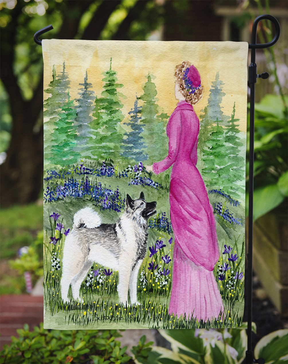 Lady with her Norwegian Elkhound Flag Garden Size.