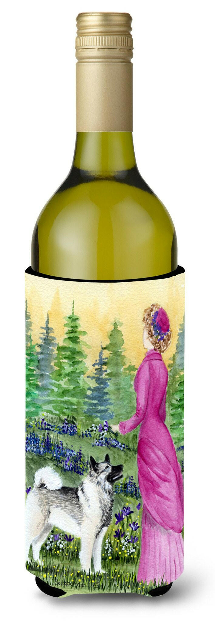 Lady with her Norwegian Elkhound Wine Bottle Beverage Insulator Beverage Insulator Hugger by Caroline&#39;s Treasures