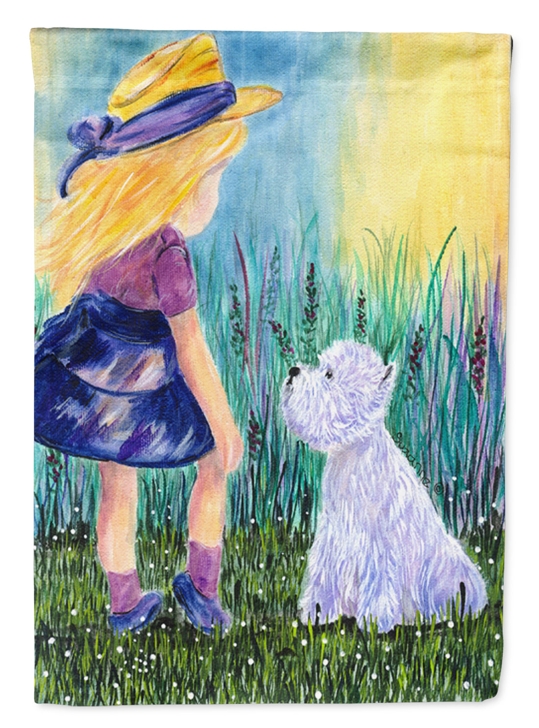 Little Girl with Westie Flag Canvas House Size