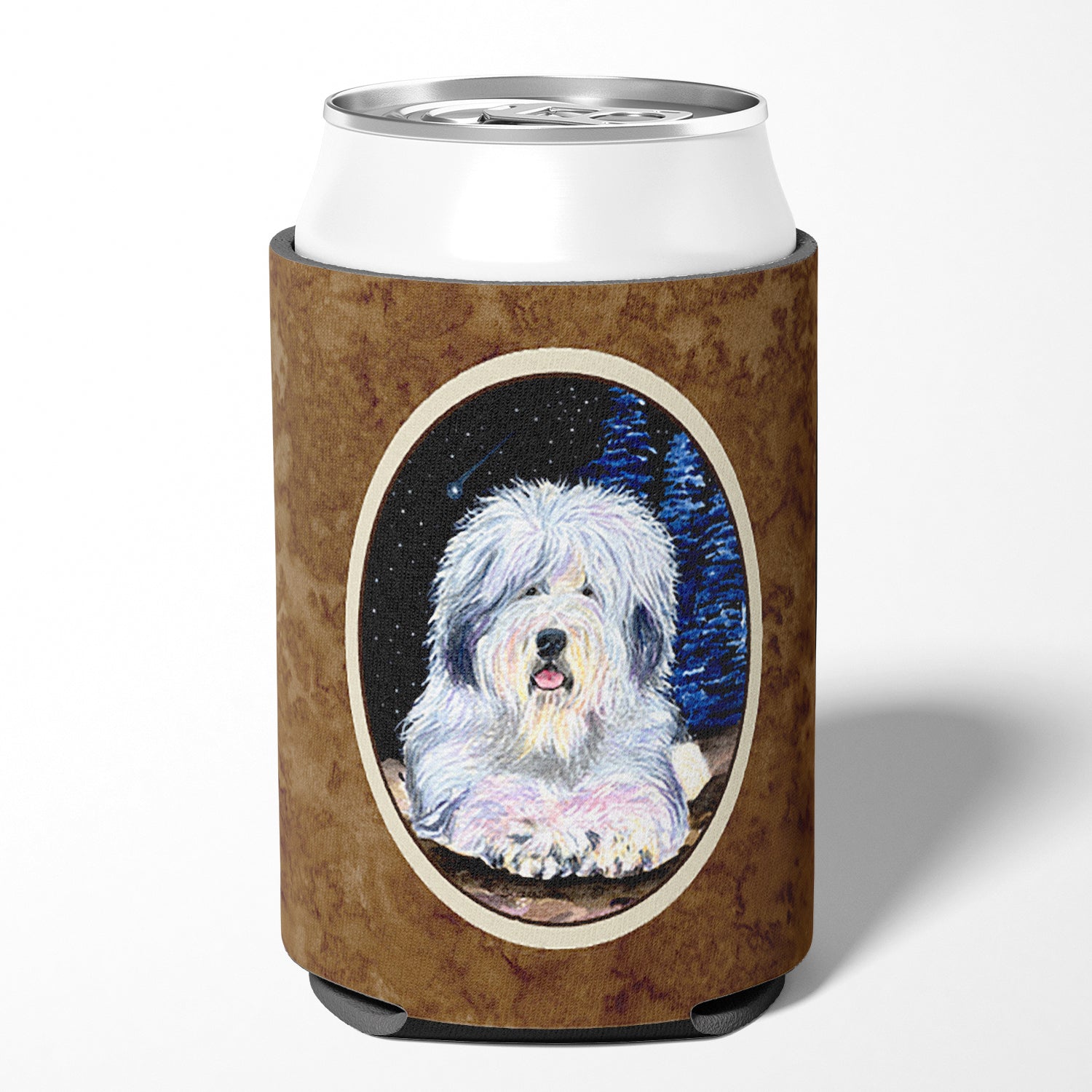Starry Night Old English Sheepdog Can or Bottle Beverage Insulator Hugger.