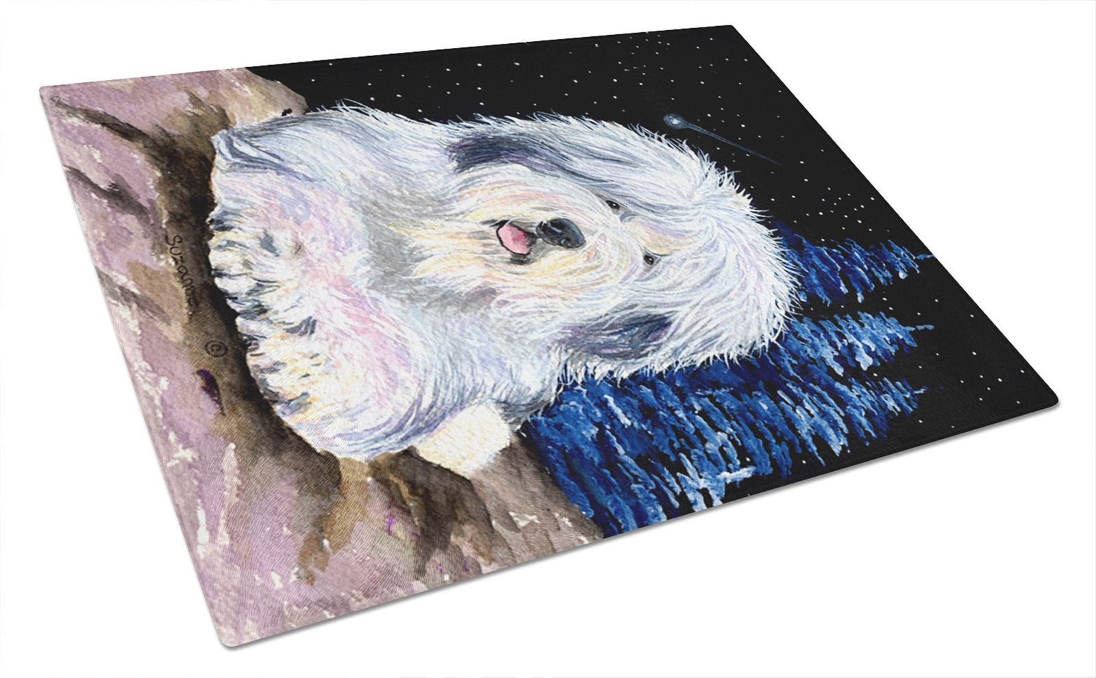 Starry Night Old English Sheepdog Glass Cutting Board Large by Caroline's Treasures