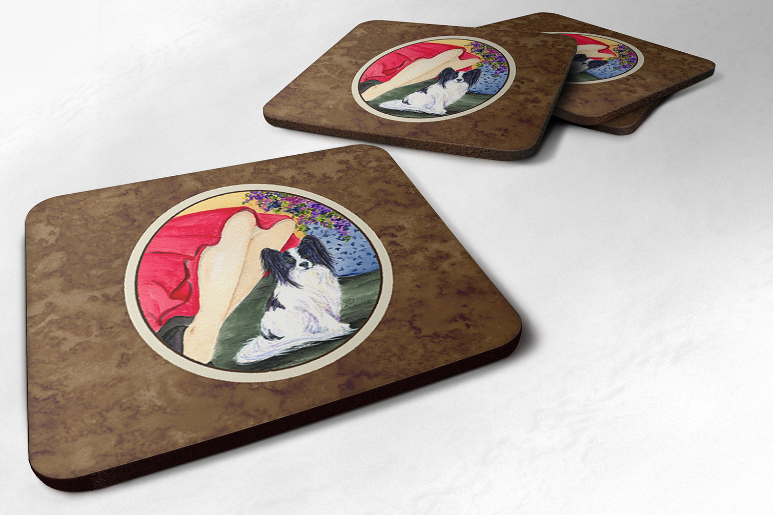 Caroline's Treasures Lady with her Papillon Coasters - Set of 4 Lightweight Foam, Absorbent Drink Coasters