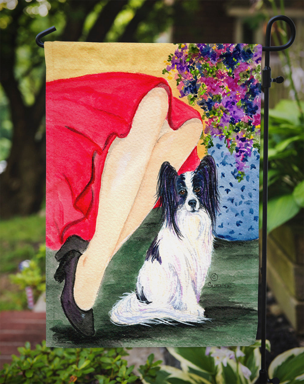 Lady with her Papillon Flag Garden Size.