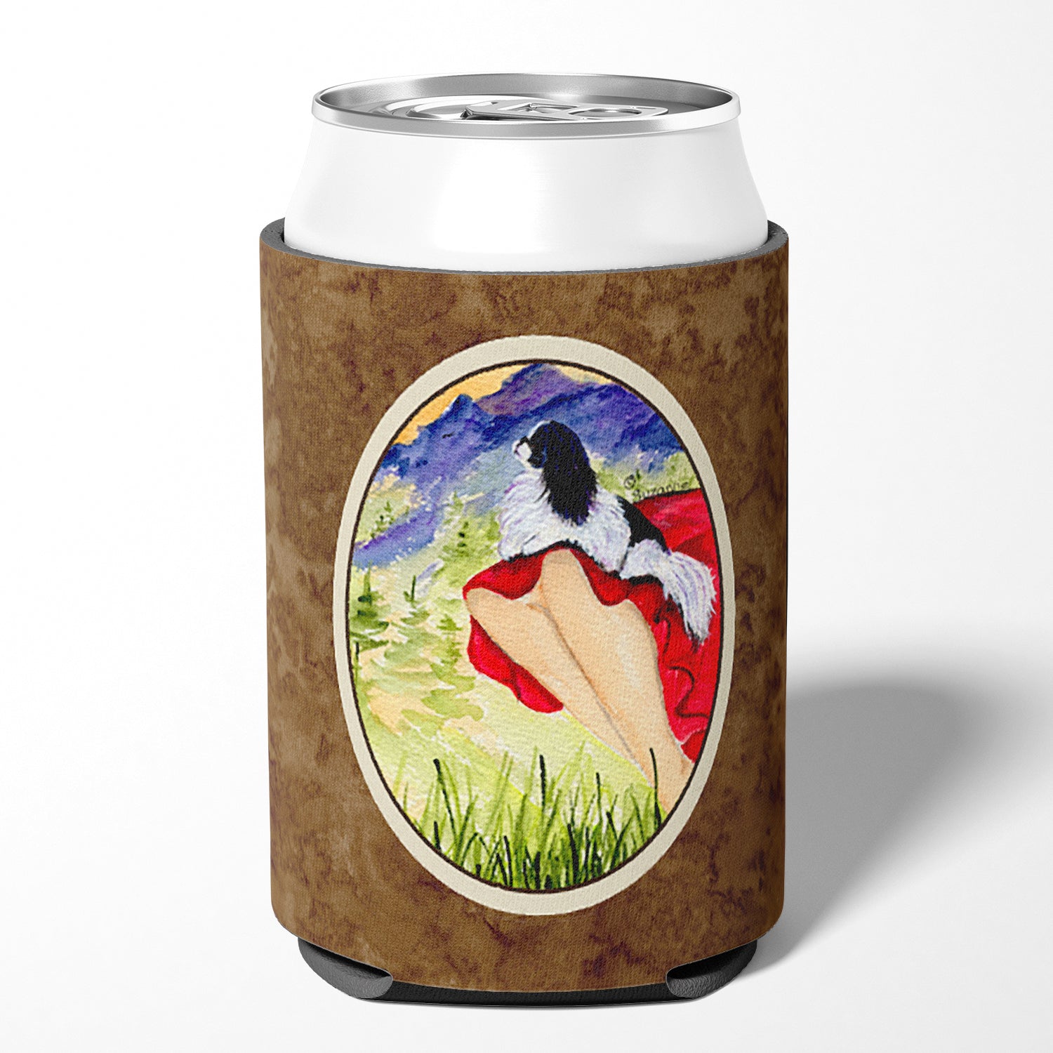 Lady with her Japanese Chin Can or Bottle Beverage Insulator Hugger.