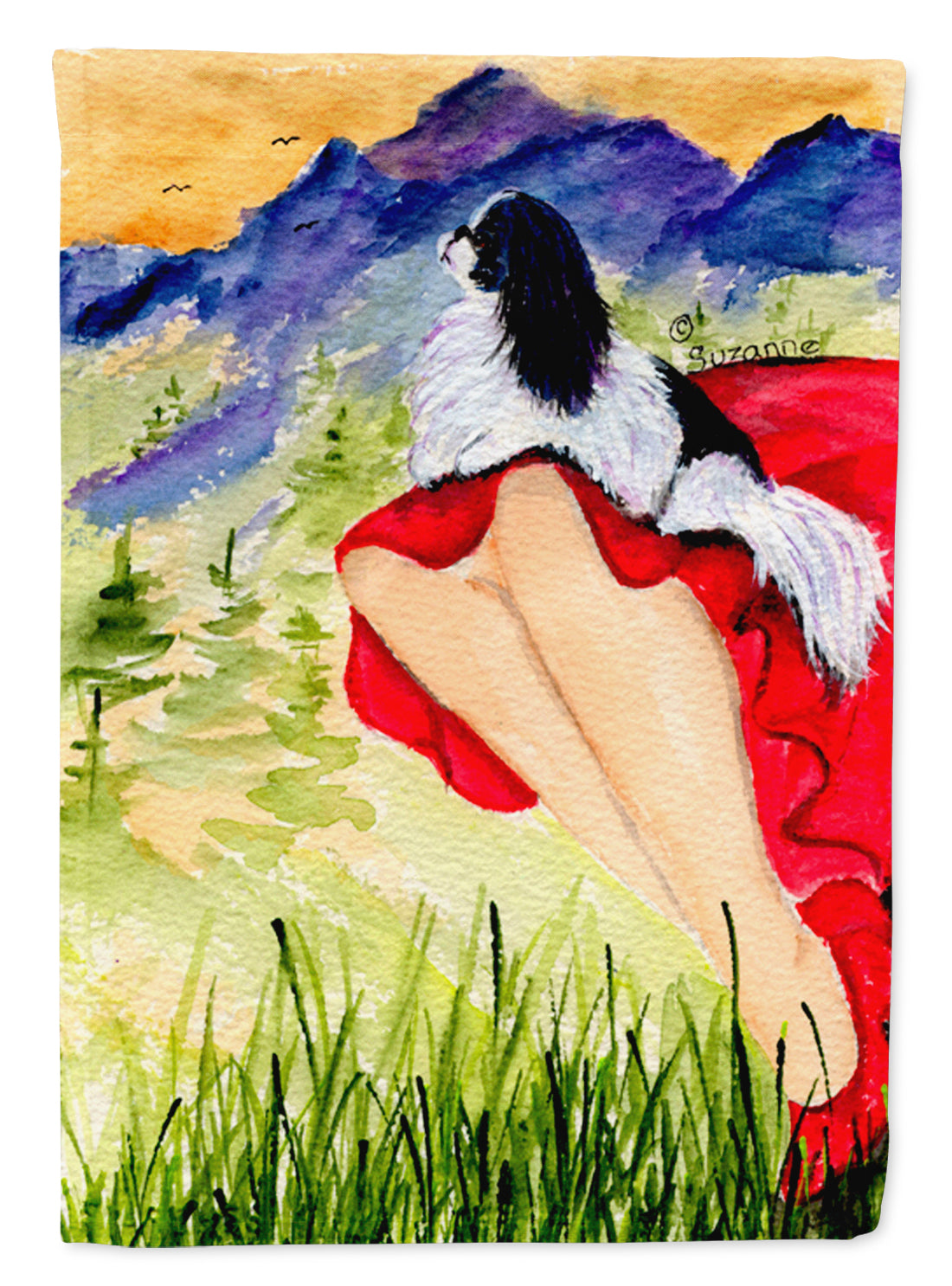 Lady with her Japanese Chin Flag Canvas House Size  the-store.com.