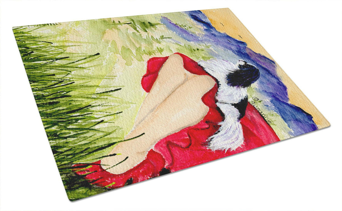Lady with her Japanese Chin Glass Cutting Board Large by Caroline&#39;s Treasures