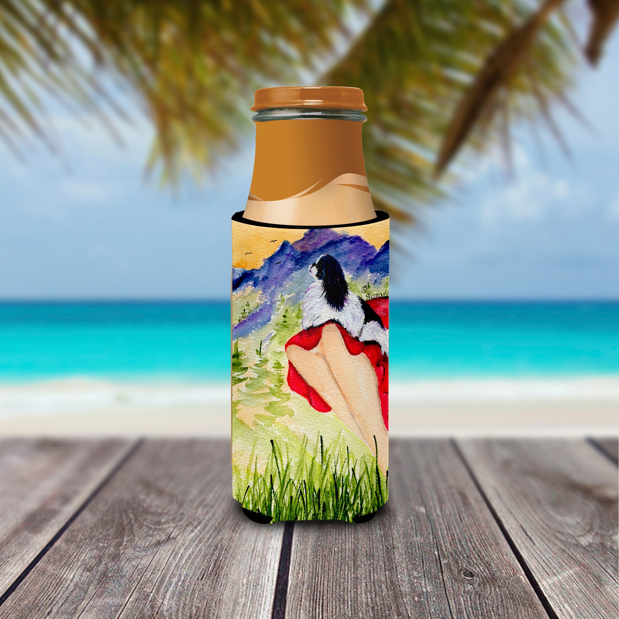 Lady with her Japanese Chin Ultra Beverage Insulators for slim cans SS8524MUK.