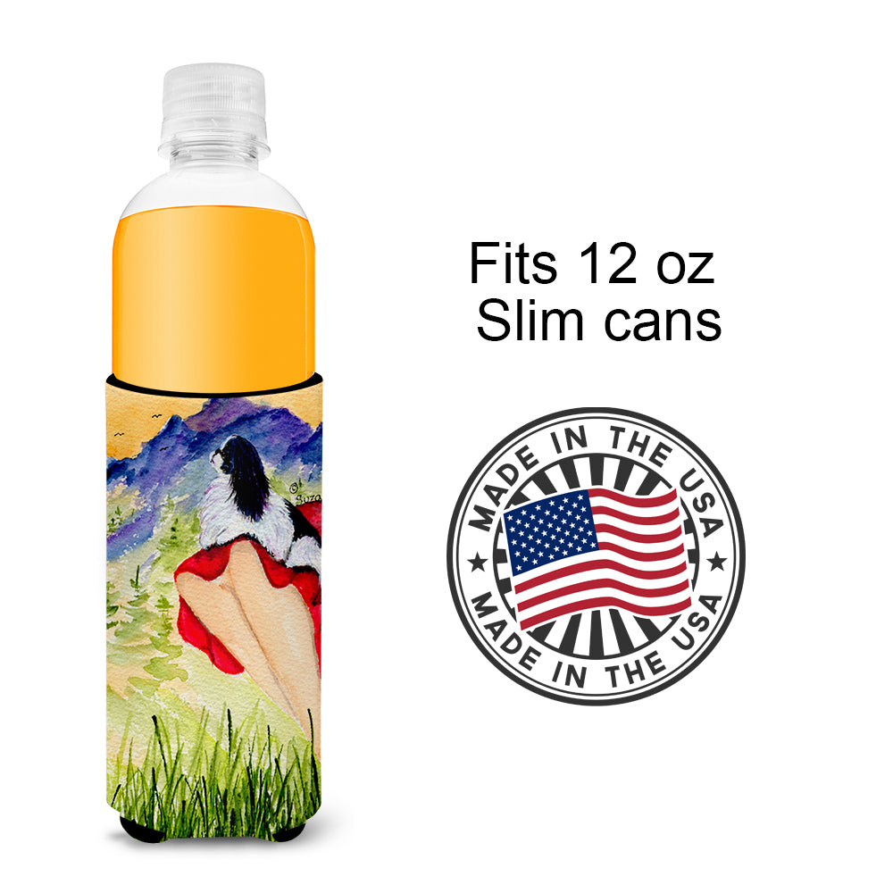 Lady with her Japanese Chin Ultra Beverage Insulators for slim cans SS8524MUK