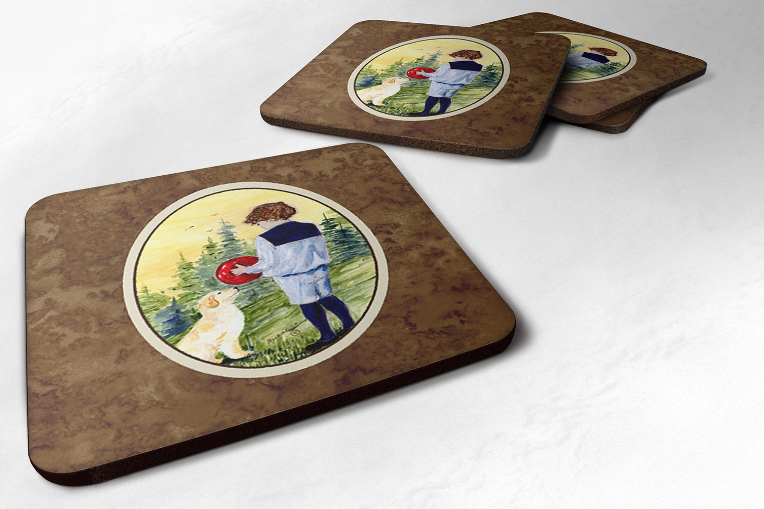 Little Boy with his Golden Retriever Foam Coasters Set of 4 - the-store.com