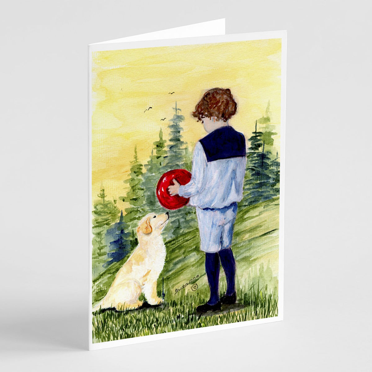 Buy this Little Boy with his Golden Retriever Greeting Cards and Envelopes Pack of 8
