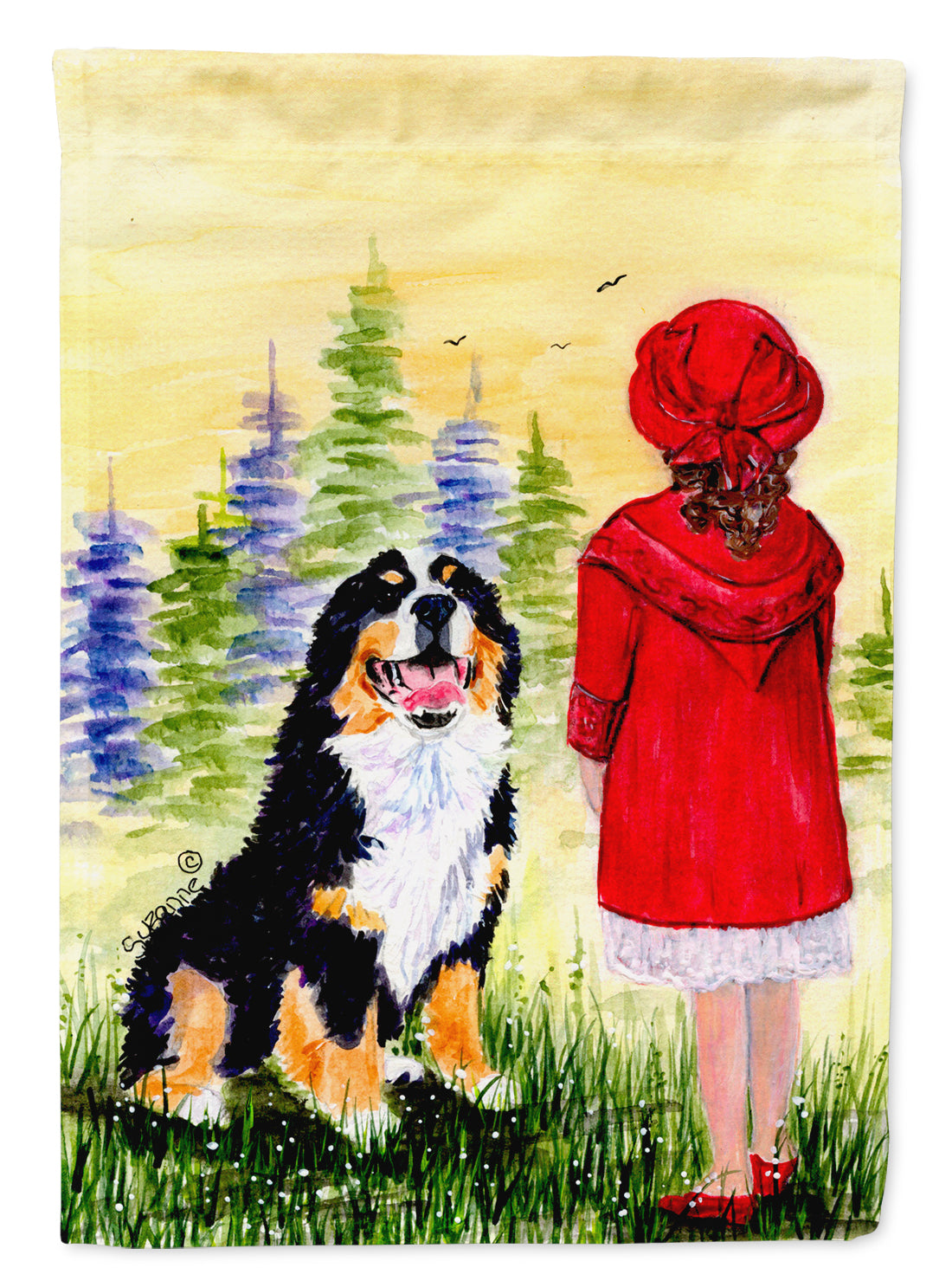 Little Girl with her Bernese Mountain Dog Flag Canvas House Size  the-store.com.