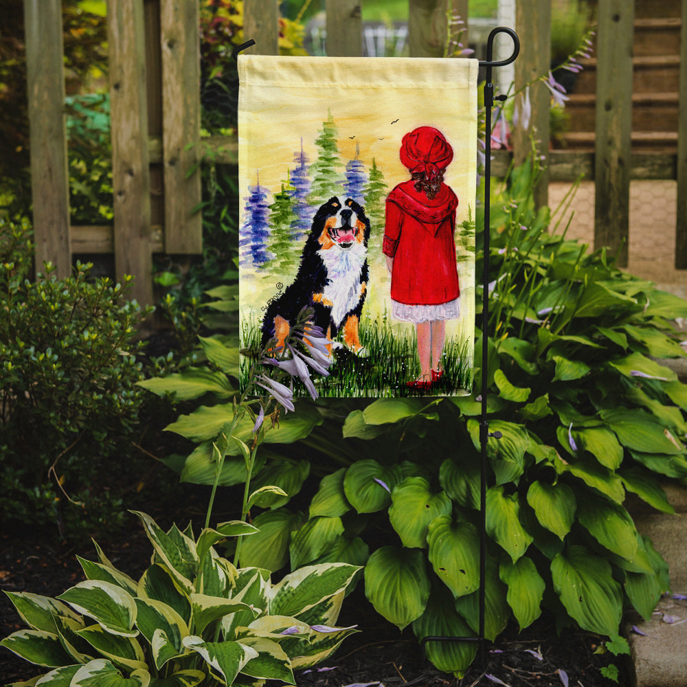 Little Girl with her Bernese Mountain Dog Flag Garden Size.