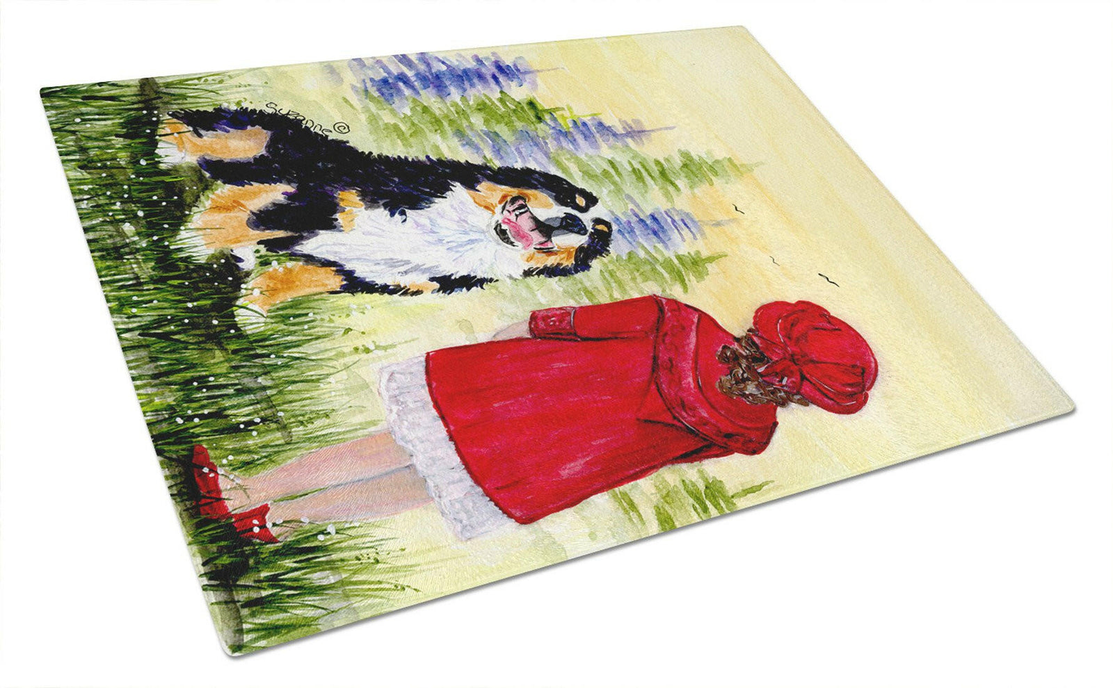 Little Girl with her Bernese Mountain Dog Glass Cutting Board Large by Caroline's Treasures