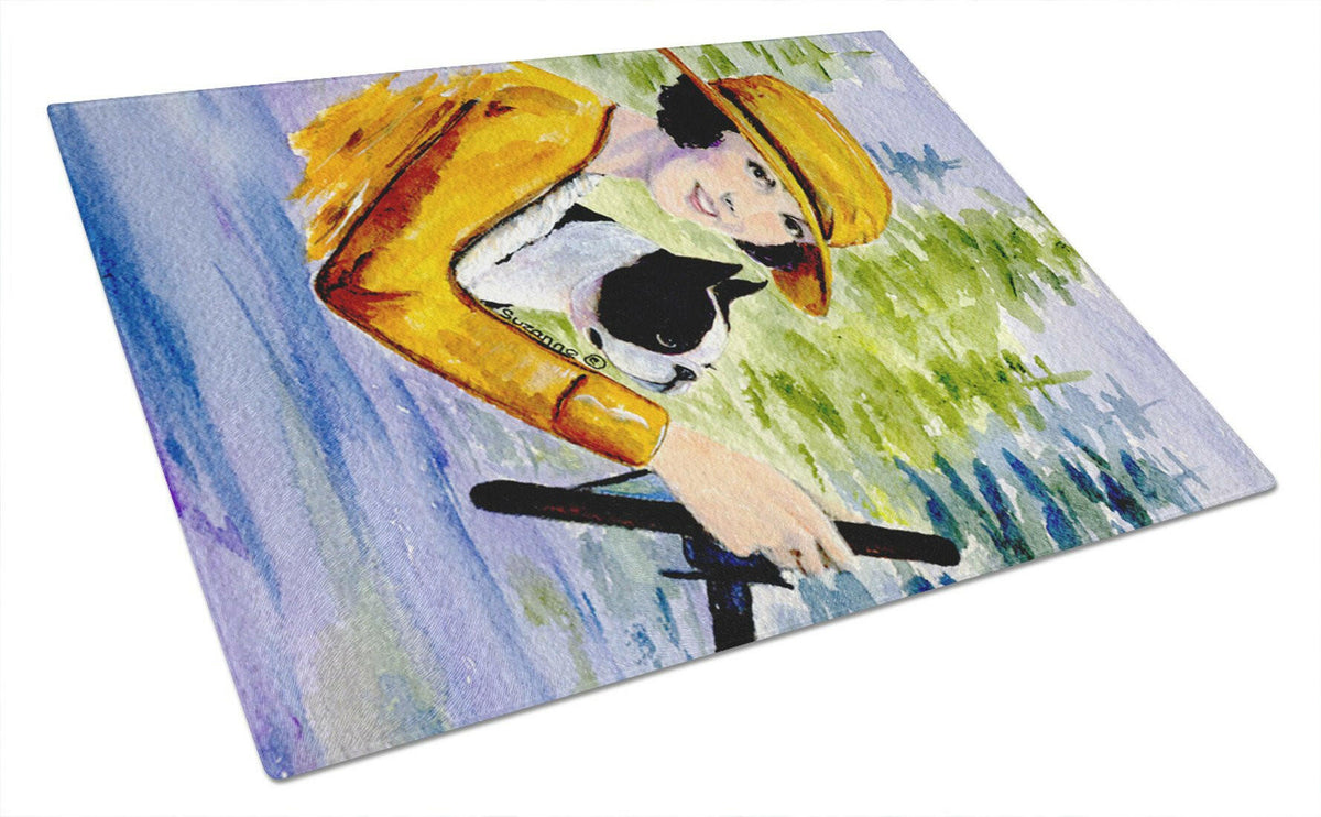 Woman driving with her Boston Terrier Glass Cutting Board Large by Caroline&#39;s Treasures