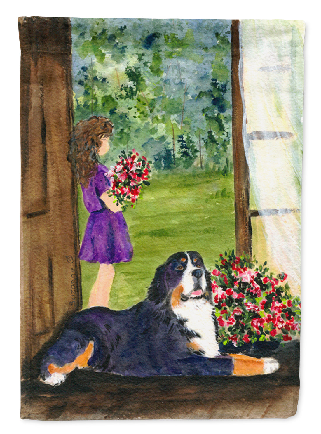 Little Girl with her Bernese Mountain Dog Flag Garden Size.
